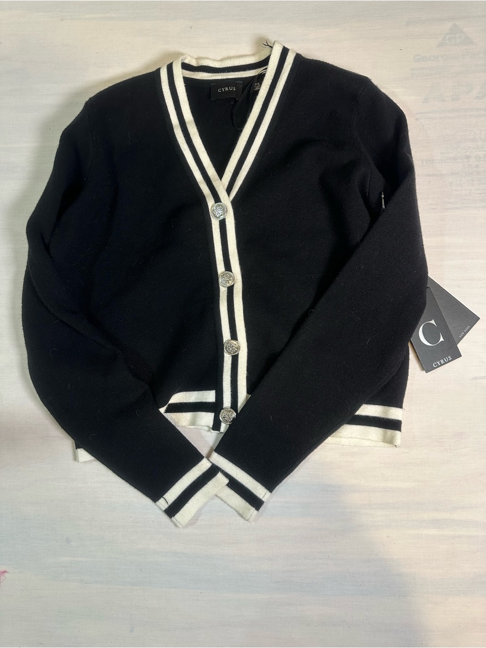 Cyrus Black Cardigan with White Contrast Trim